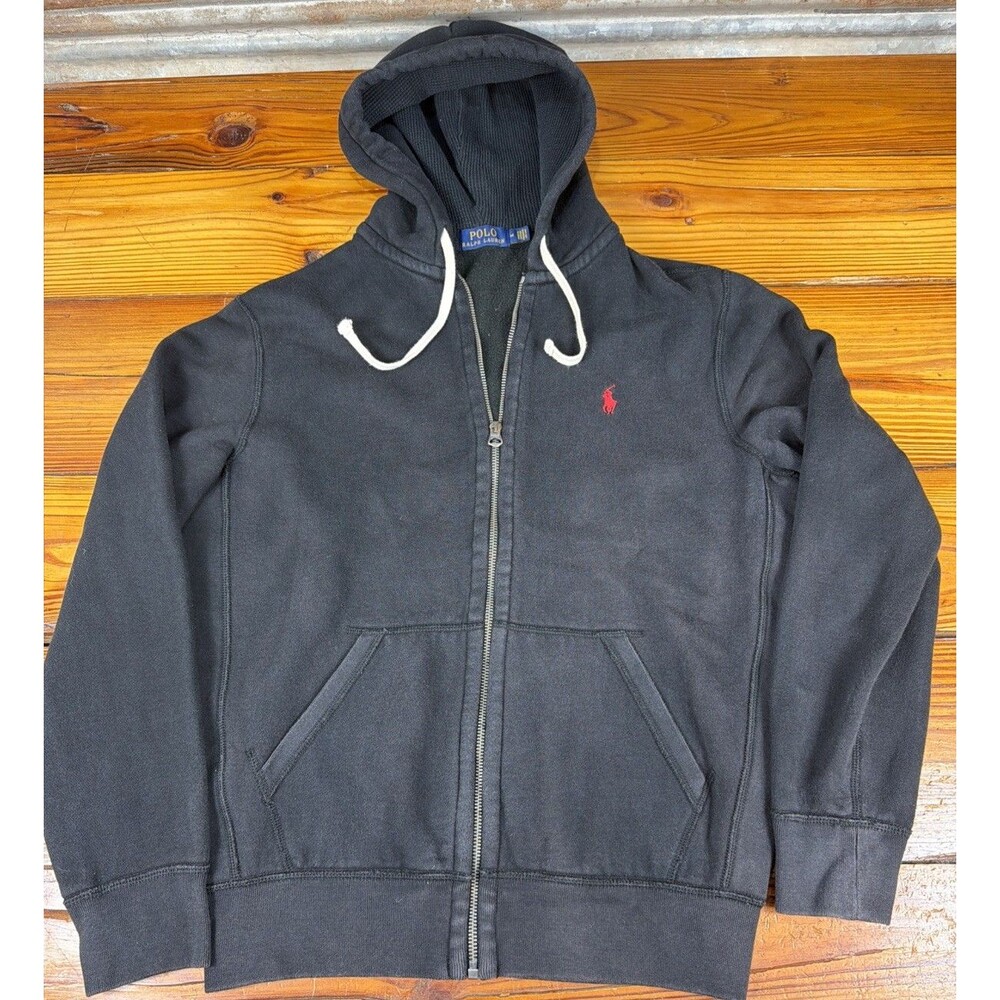 Polo Ralph Lauren Full Zip Hoodie Black Red Pony Size M Waffle Lined Hood Mens